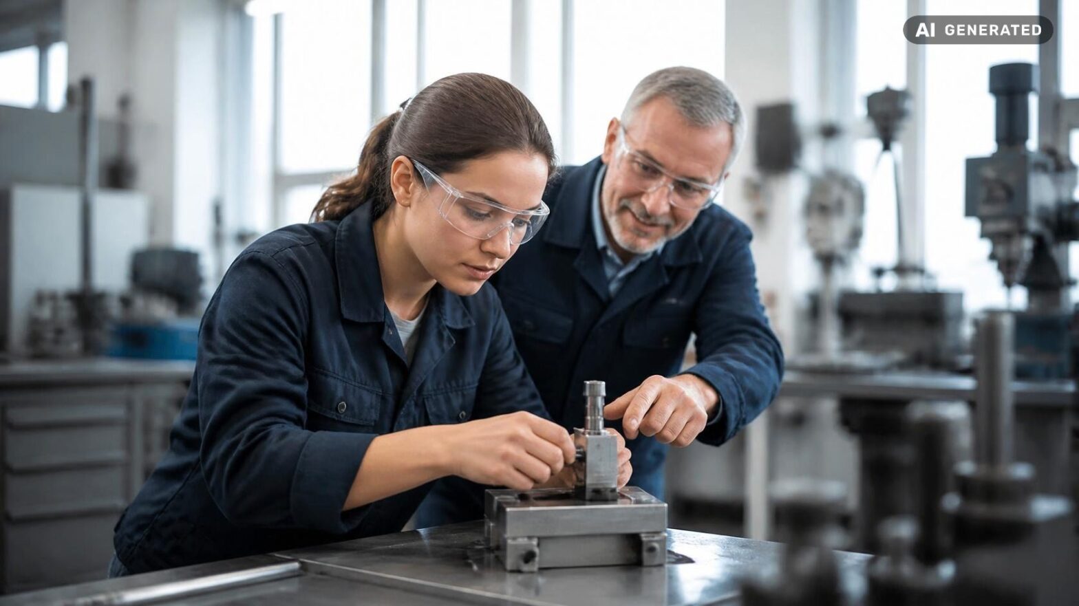 Eine junge Frau arbeitet in der Werkstatt unter der Führung eines älteren Mannes
