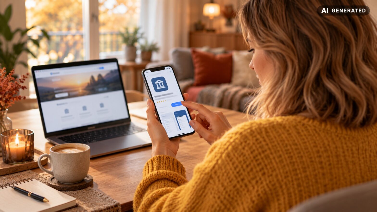 Eine Frau sitzt vor ihrem Laptop und nutzt ihr Handy, um eine Banking-App herunterzuladen